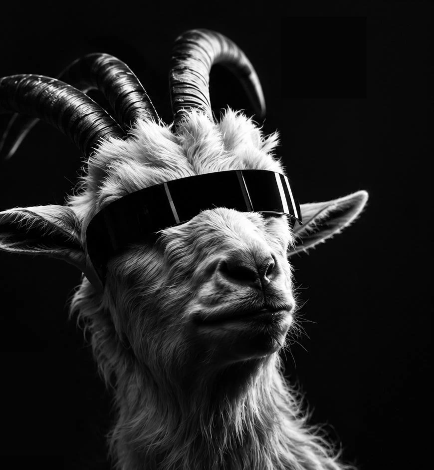 A goat wearing chrome visor sunglasses
