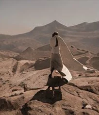 A figure standing on desert rocks