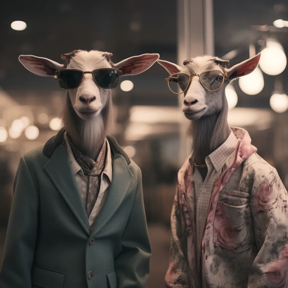 Two goats in suits in a warm-lit lounge