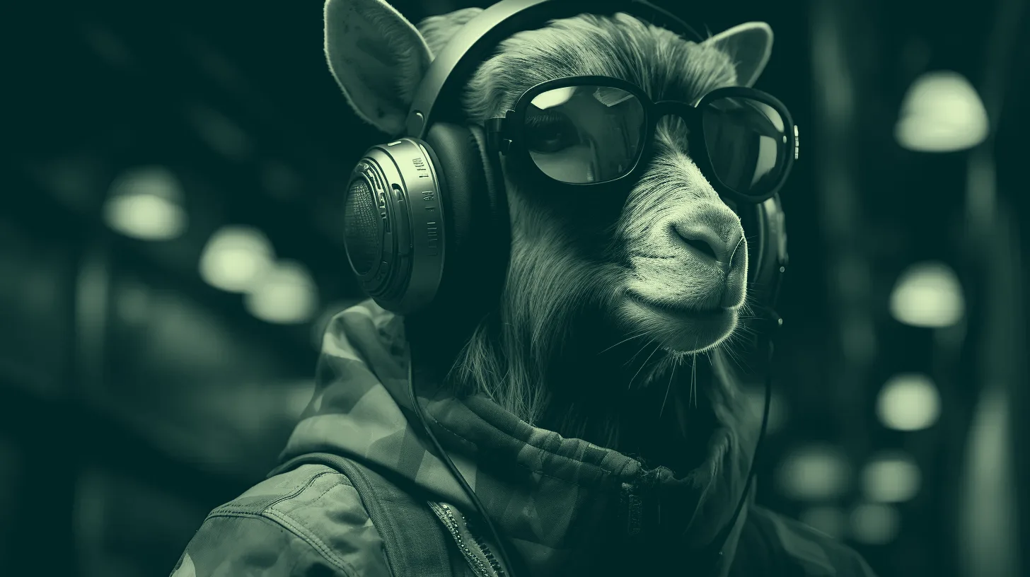 Neon-lit goat in armour and headphones, the Liquid Nights key visual